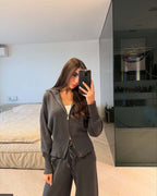 Damen nan gestricktes Loungewear-Zweiteiler mit kurzem Reißverschluss-Cardigan und weitem Highwaist-Hosenbein R&B