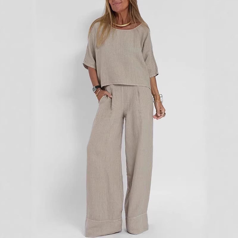 Damen lässiges Leinenanzugset mit weiten Beinen und kurzem Oberteil R&B