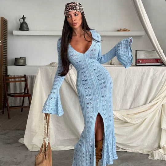 Damen Strickmaxikleid mit nostalgischem Lochmuster und elegantem V-Ausschnitt R&B
