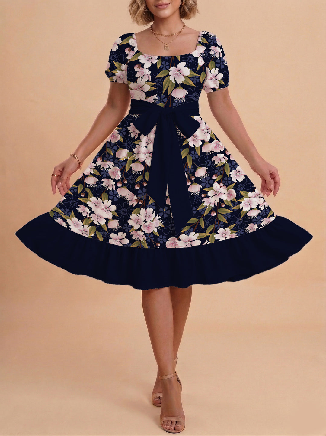 Damen Blumenkleid mit taillierbarem Gürtel und voluminösen Ärmeln R&B
