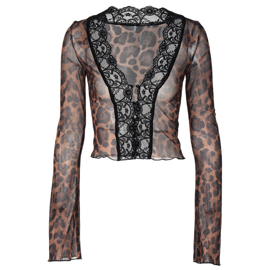 Damen Crop-Top mit Spitzenbordüre und Leopardenmuster R&B