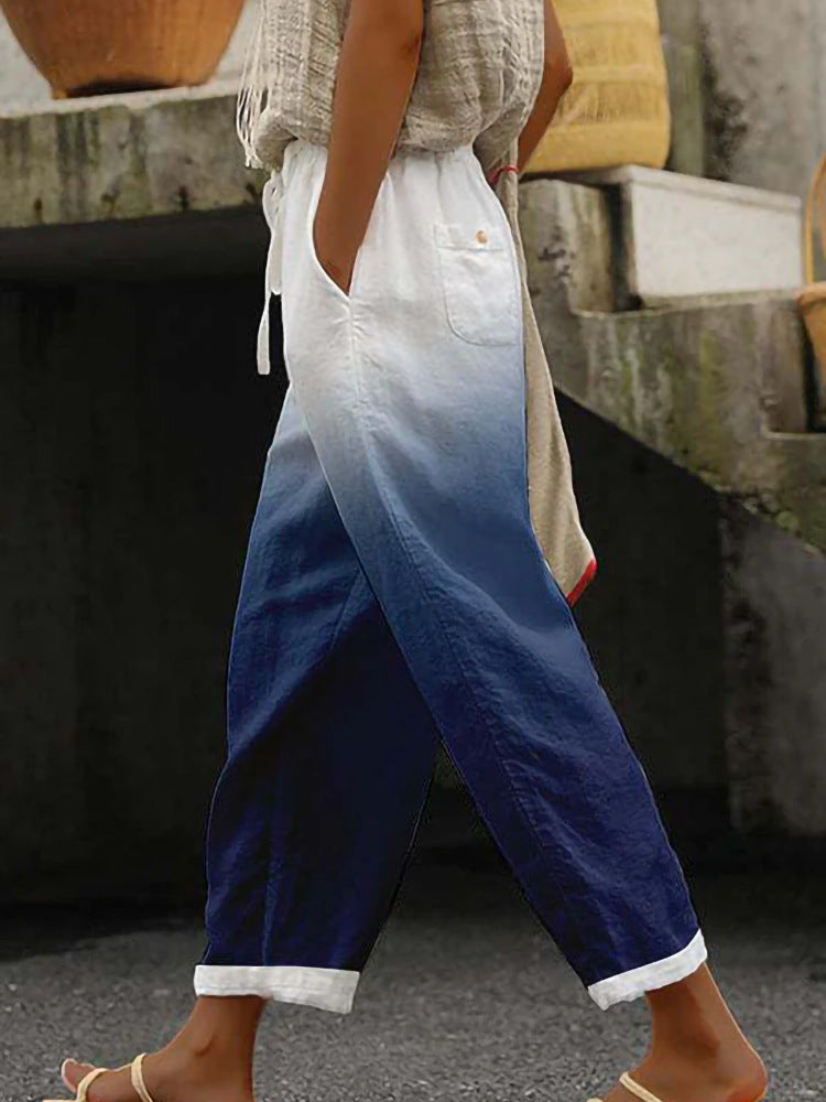 Damen Weite Leinenhose mit handgewebtem Muster R&B