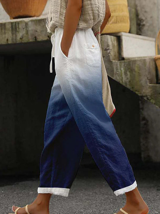 Damen Weite Leinenhose mit handgewebtem Muster R&B