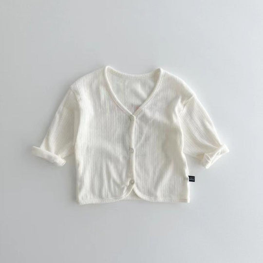 Unisex nan weicher gerippter Strickbaby-Cardigan mit V-Ausschnitt und hochkrempelbaren Ärmeln R&B