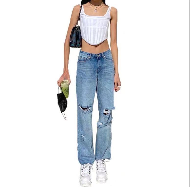 Damen Vintage-Style Mom-Jeans mit ausgefransten Rissen und hohem Bund R&B