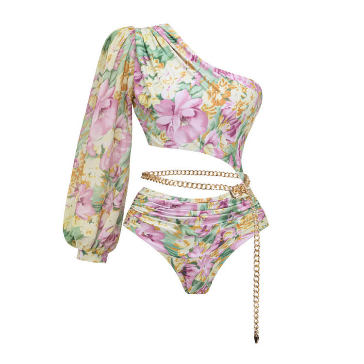 Damen Einseitiger Badeanzug mit floralen Mustern und glamouröse Kette R&B