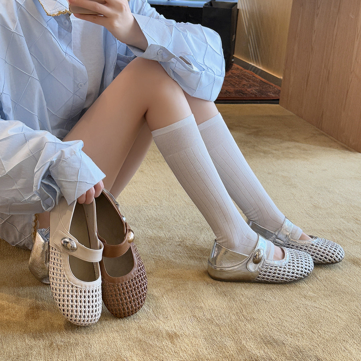 Damen Modische Ballerinas mit dekorativer Schnalle und Netzdesign