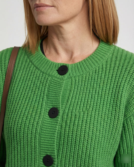 Damen hüftlanger Grobstrick-Cardigan mit markanten runden Zierknöpfen Oversize-Passform Ballonärmeln und geripptem Saum R&B