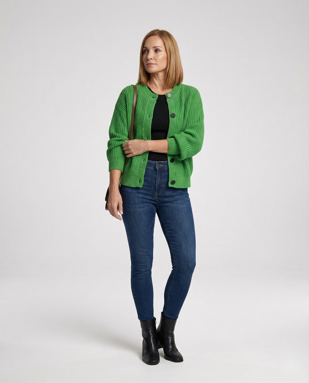 Damen hüftlanger Grobstrick-Cardigan mit markanten runden Zierknöpfen Oversize-Passform Ballonärmeln und geripptem Saum R&B