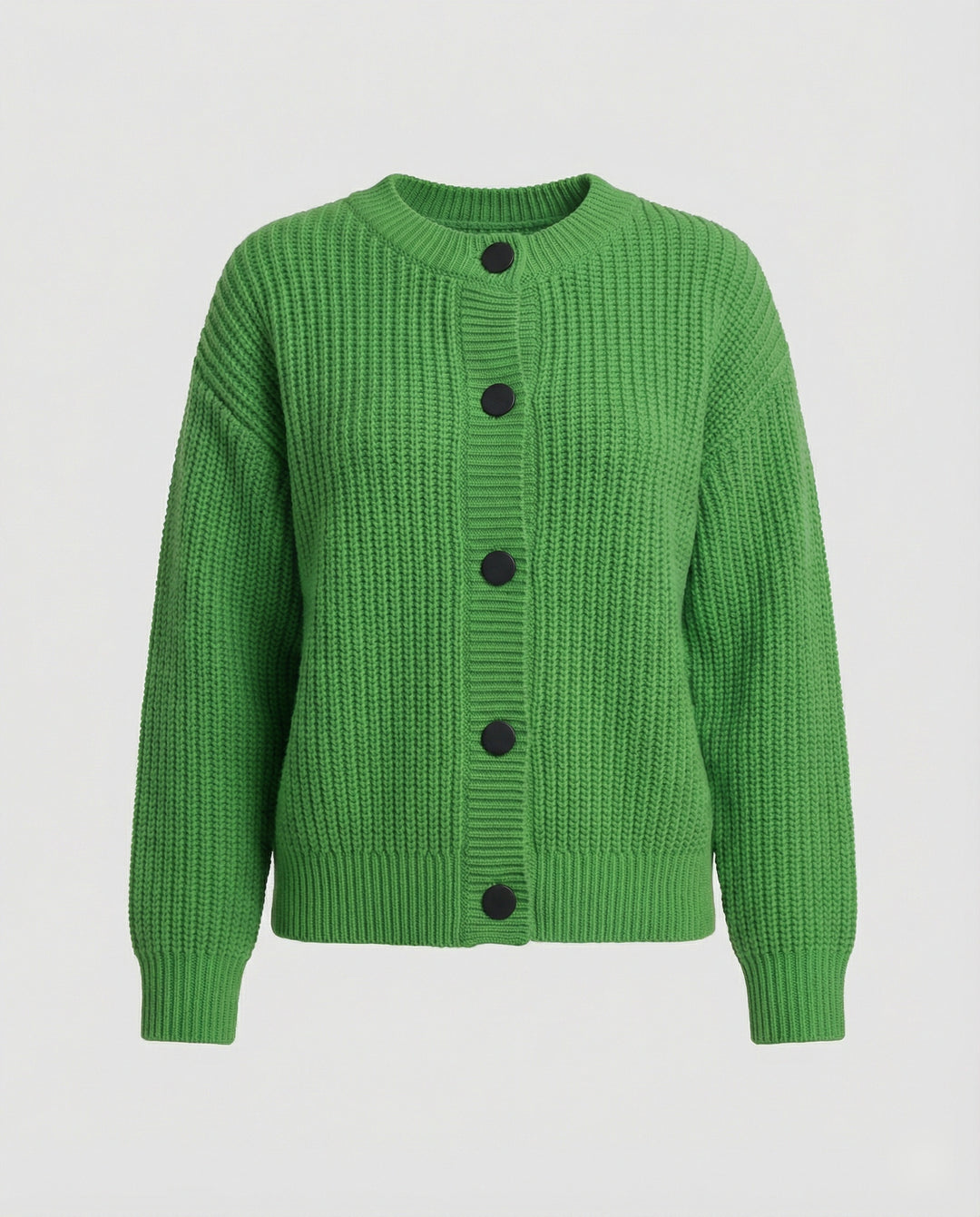 Damen hüftlanger Grobstrick-Cardigan mit markanten runden Zierknöpfen Oversize-Passform Ballonärmeln und geripptem Saum R&B