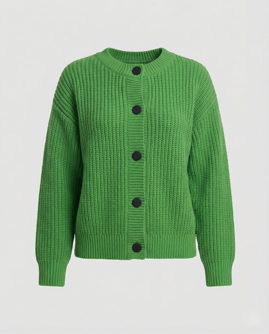 Damen hüftlanger Grobstrick-Cardigan mit markanten runden Zierknöpfen Oversize-Passform Ballonärmeln und geripptem Saum R&B