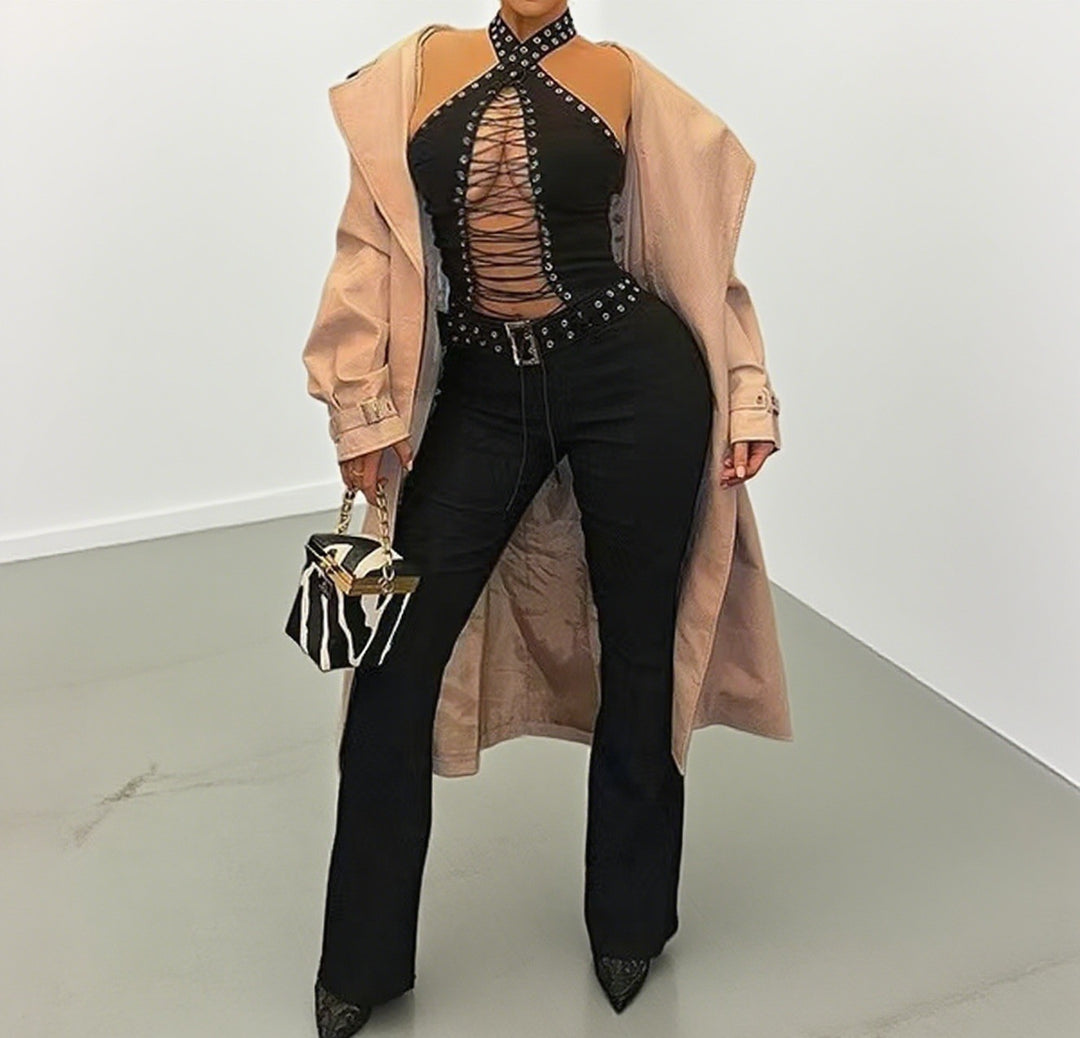 Damen Stylisches Oberteil mit aufwendigem Schnür-Design und glitzernden Akzenten R&B