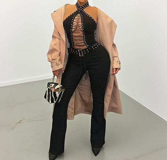 Damen Stylisches Oberteil mit aufwendigem Schnür-Design und glitzernden Akzenten R&B