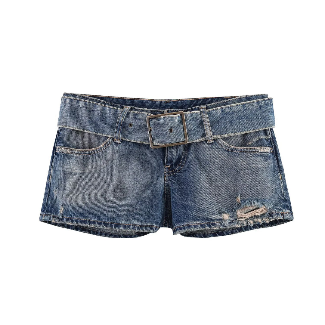 Damen modische Destroyed Denim-Shorts mit verstellbarem Gürtel R&B