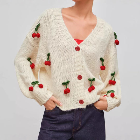 Damen verspielter Strickcardigan mit Kirschapplikationen R&B