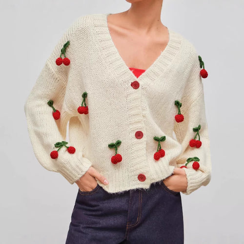 Damen verspielter Strickcardigan mit Kirschapplikationen R&B