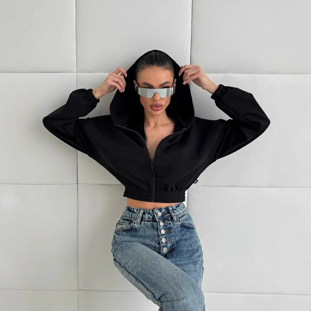 Damen lässiger Cropped Hoodie mit praktischem Reißverschluss und elastischem Bund R&B
