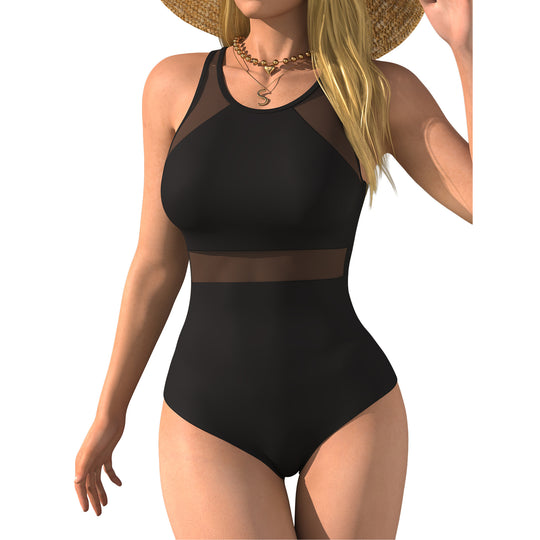 Damen einteiliger Badeanzug mit raffinierten Mesh-Einsätzen und figurformendem Design R&B