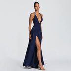 Damen Maxikleid mit tiefem V-Ausschnitt und seitlichem Schlitz R&B