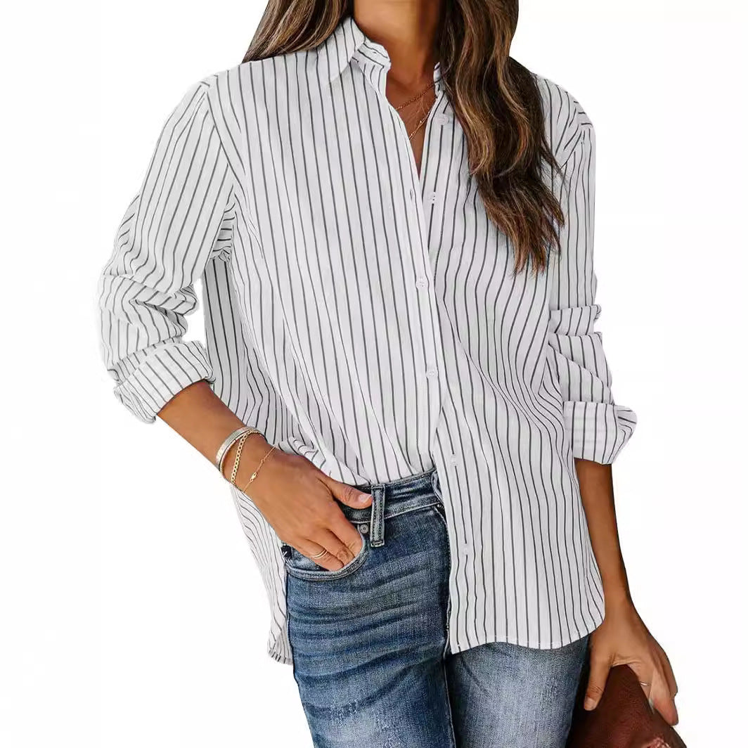 Damen gestreifte Bluse mit klassischem Kragen und lässigem Schnitt R&B