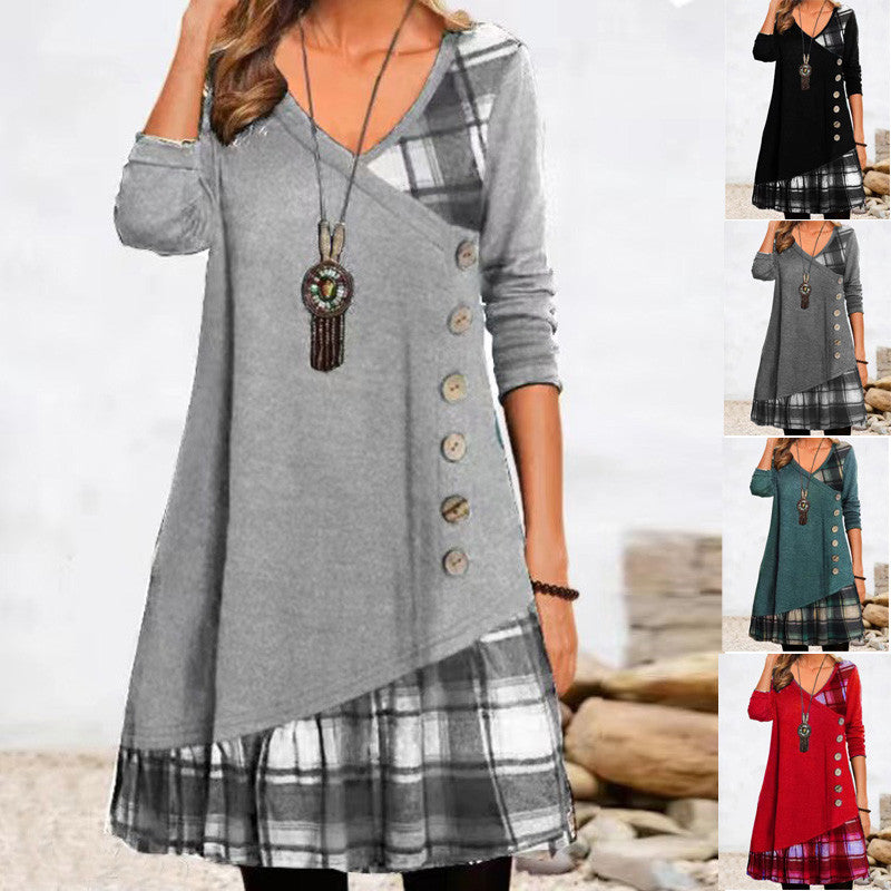 Damen asymmetrisches Freizeitkleid mit kariertem Saum und Knopfdetail R&B