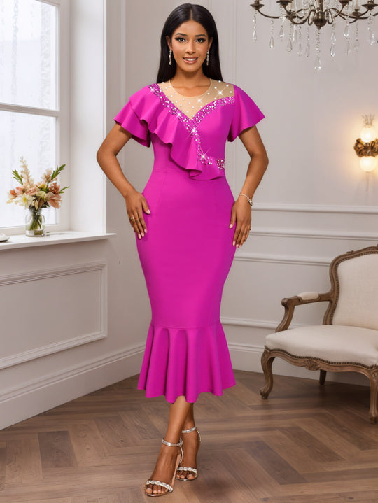 Damen figurbetontes Kleid mit Rüschendesign und Strassakzenten R&B