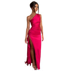 Damen elegantes asymmetrisches Maxikleid mit hochgeschlitztem Saum und fließendem Material R&B