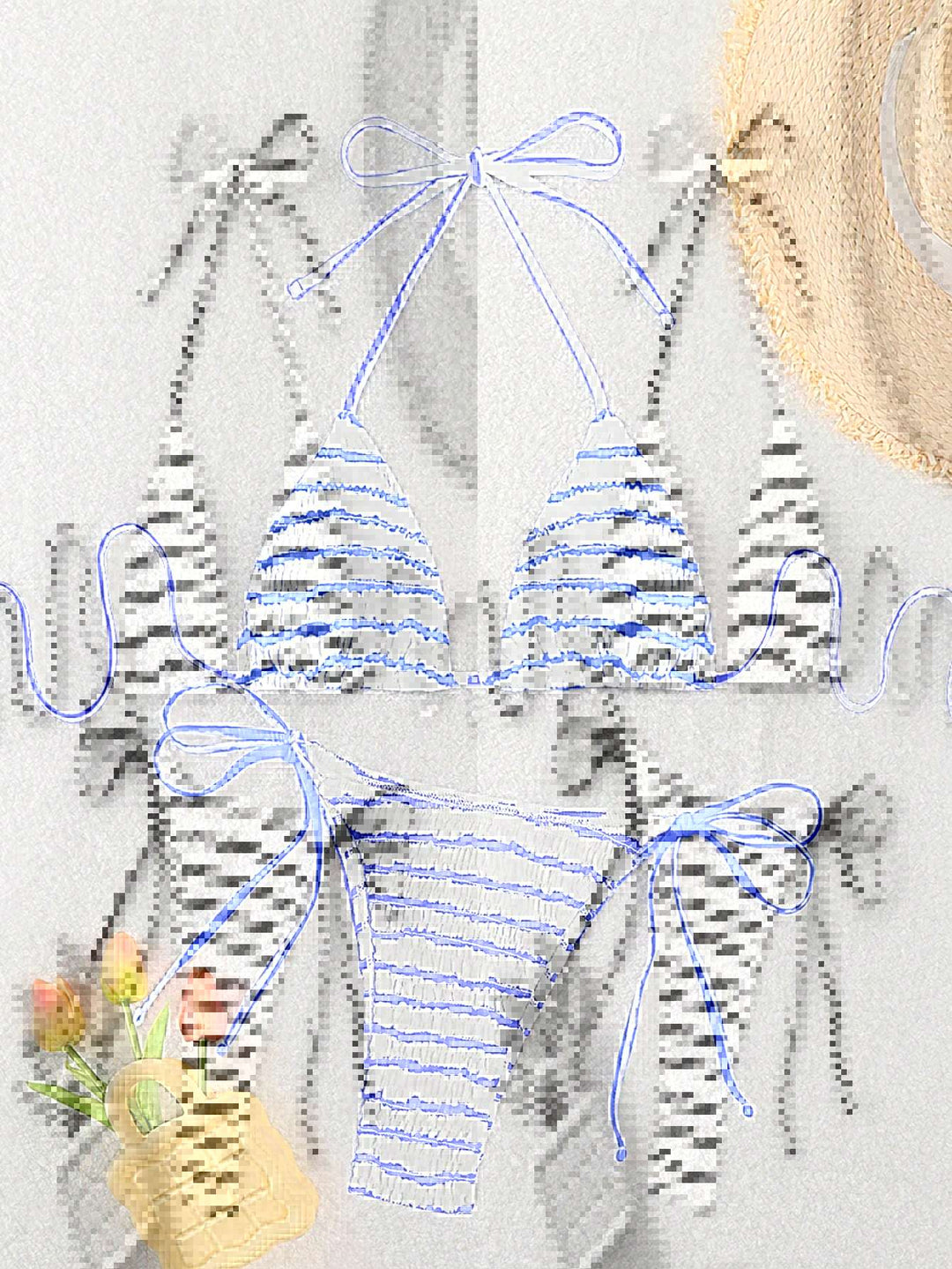 Damen Triangel-Bikini mit feinem Streifenmuster und raffinierten Bindebändern R&B