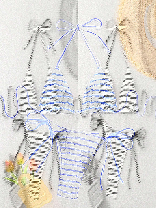 Damen Triangel-Bikini mit feinem Streifenmuster und raffinierten Bindebändern R&B