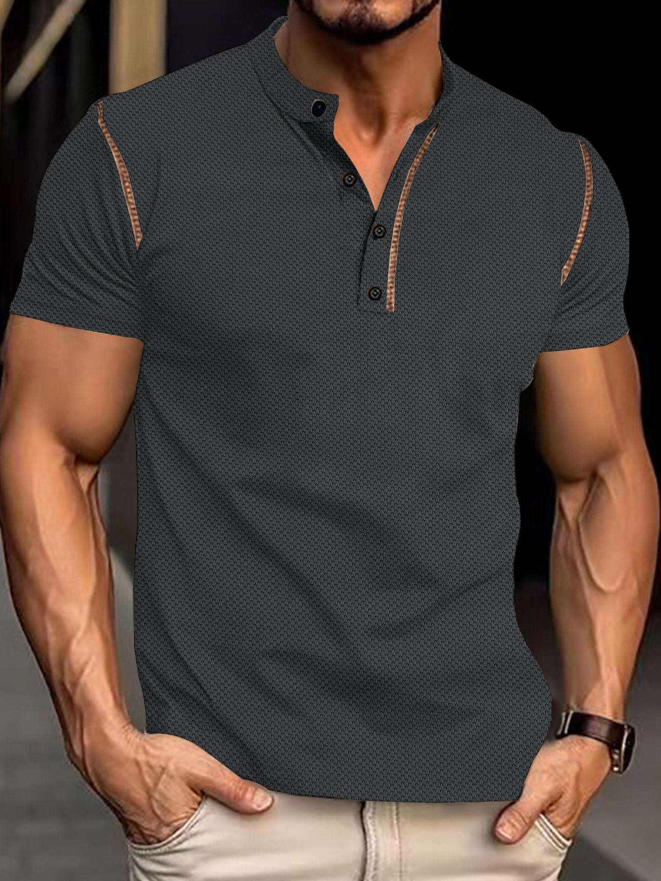 Herren nan tailliertes Struktur-Poloshirt mit Stehkragen und Zierpaspel R&B