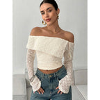 Damen Off-Shoulder Oberteil mit eleganten Rüschendetails und langen Ärmeln R&B
