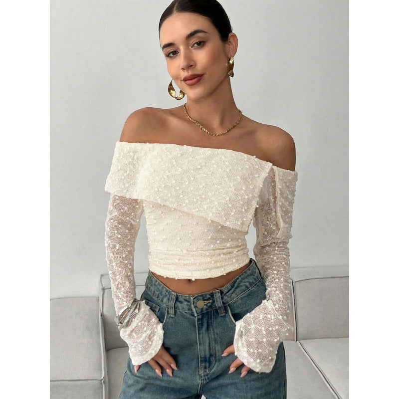 Damen Off-Shoulder Oberteil mit eleganten Rüschendetails und langen Ärmeln R&B