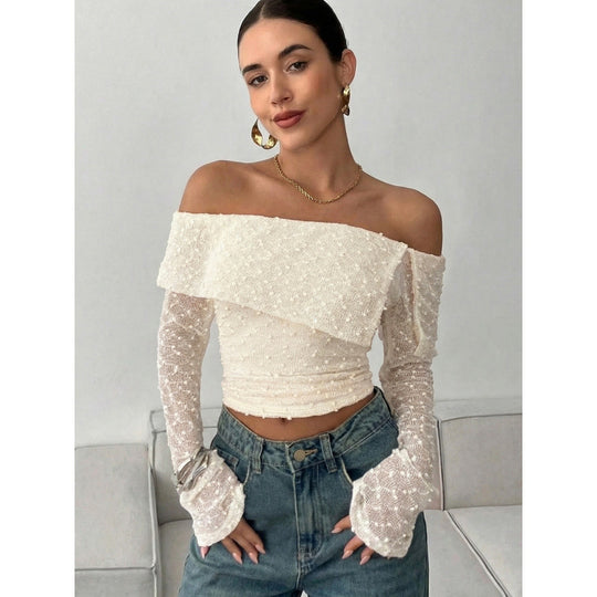 Damen Off-Shoulder Oberteil mit eleganten Rüschendetails und langen Ärmeln R&B