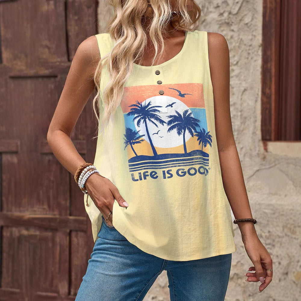 Damen ärmelloses T-Shirt mit buntem Druck und Knopfdetails Heidi-Mode