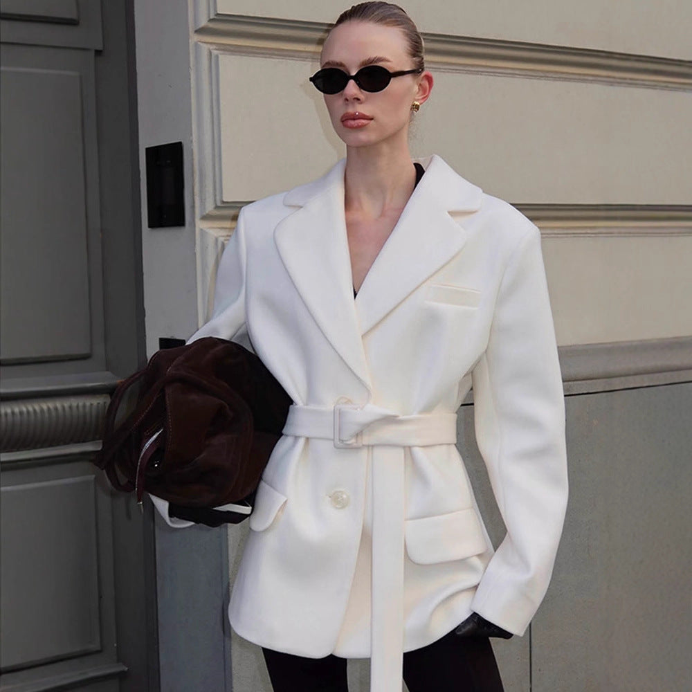 Damen modischer Blazer mit Taillengürtel und praktischen Taschen R&B