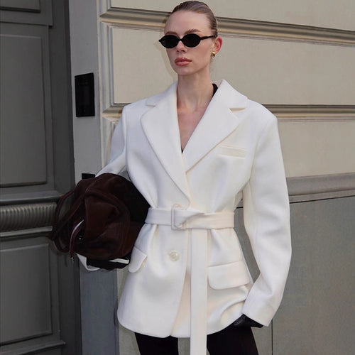 Damen modischer Blazer mit Taillengürtel und praktischen Taschen R&B