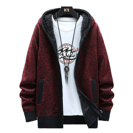 Herren Moderne Strickjacke mit Kapuze und schwarz-weißen Akzenten R&B