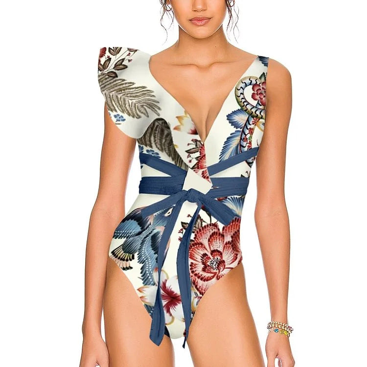 Damen Badeanzug-Set mit floralen Rüschen und taillierter Shorts R&B