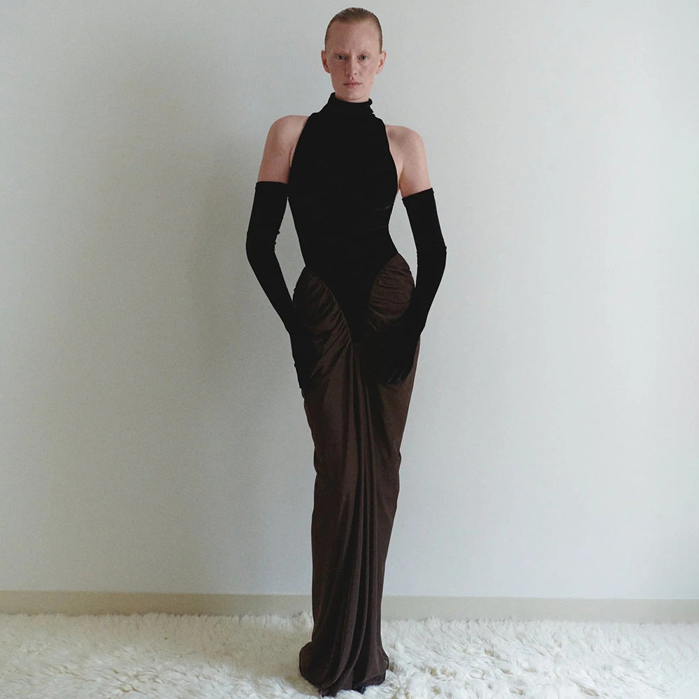 Damen Maxikleid mit hochgeschlossenem Design und kunstvollem Drapierungseffekt R&B