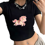 Damen Crop-T-Shirt mit verspielt illustriertem Einhornmotiv R&B