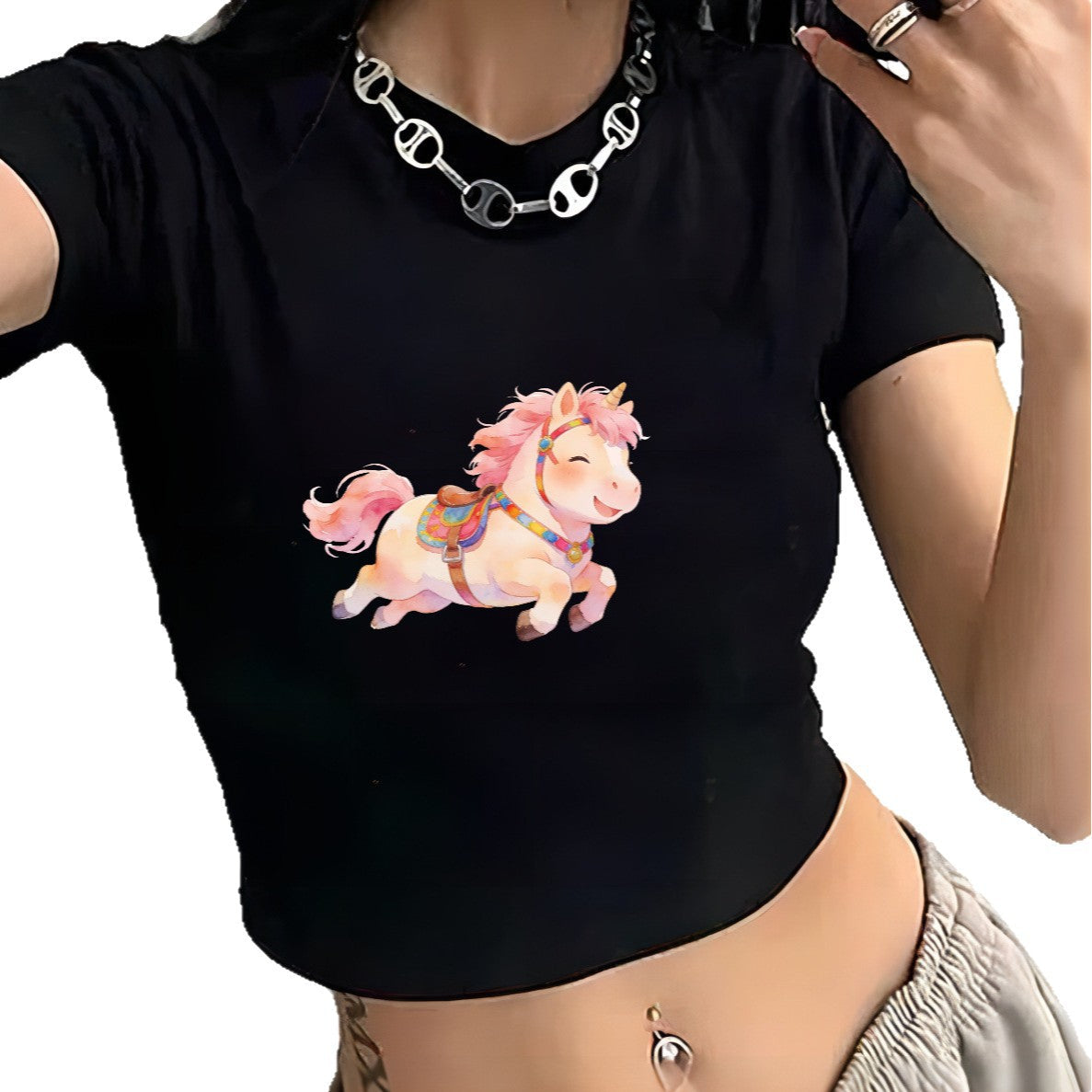 Damen Crop-T-Shirt mit verspielt illustriertem Einhornmotiv R&B