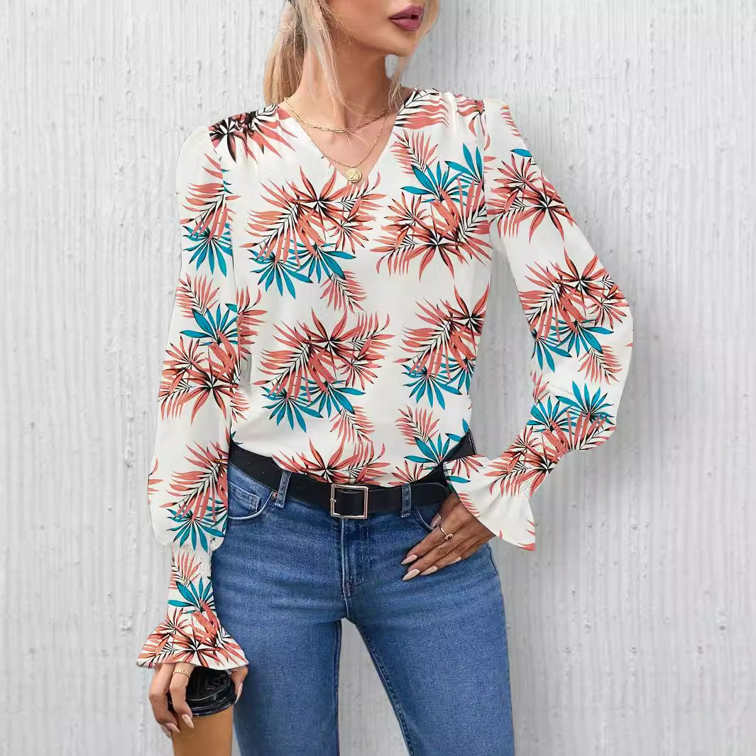 Damen Elegante Bluse mit floralem Design und weiten Ärmeln R&B