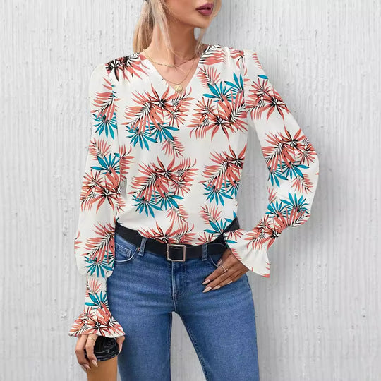 Damen Elegante Bluse mit floralem Design und weiten Ärmeln R&B