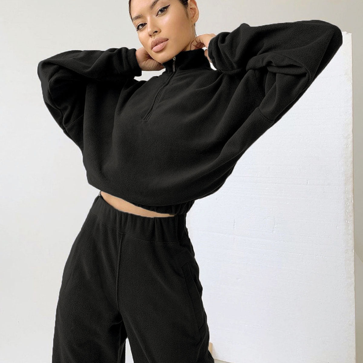 Damen nan kurz geschnittenes Thermo-Fleece-Set mit Halbfront-Reißverschluss und hohem Komfortbund R&B