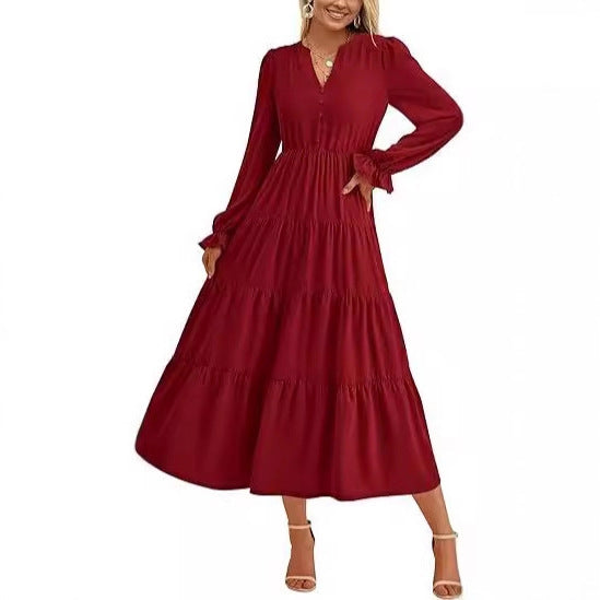 Damen Maxikleid mit knopfverzierter Front und voluminösen Ärmeln R&B