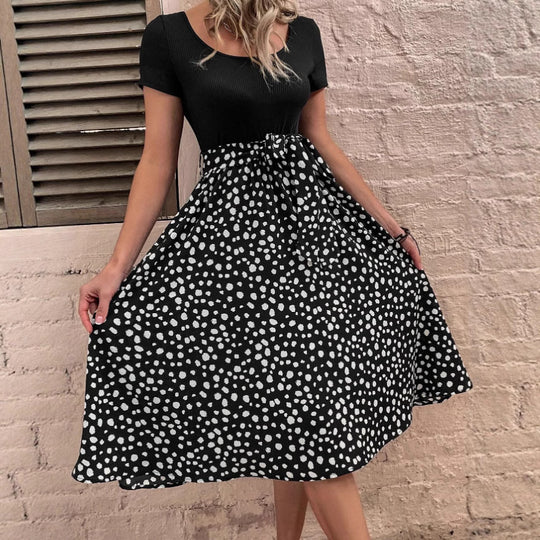 Damen Polka-Dots Kleid mit weitem Rock und Taillengürtel R&B