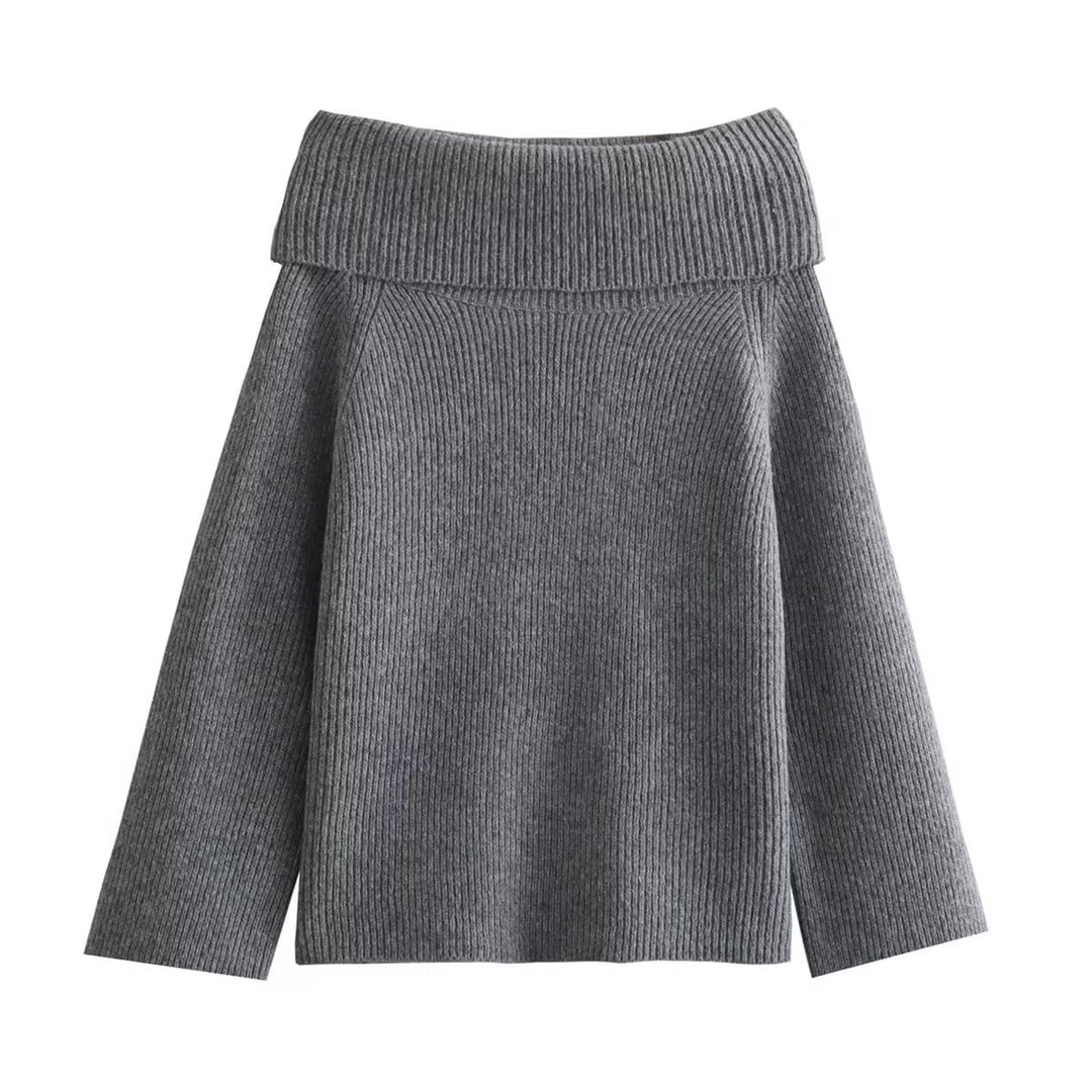 Damen eleganter, hochgeschlossener Strickpullover mit weitem Kragen R&B