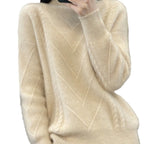 Damen Grobstrickpullover mit innovativem Zopfmuster und hohem Stehkragen R&B