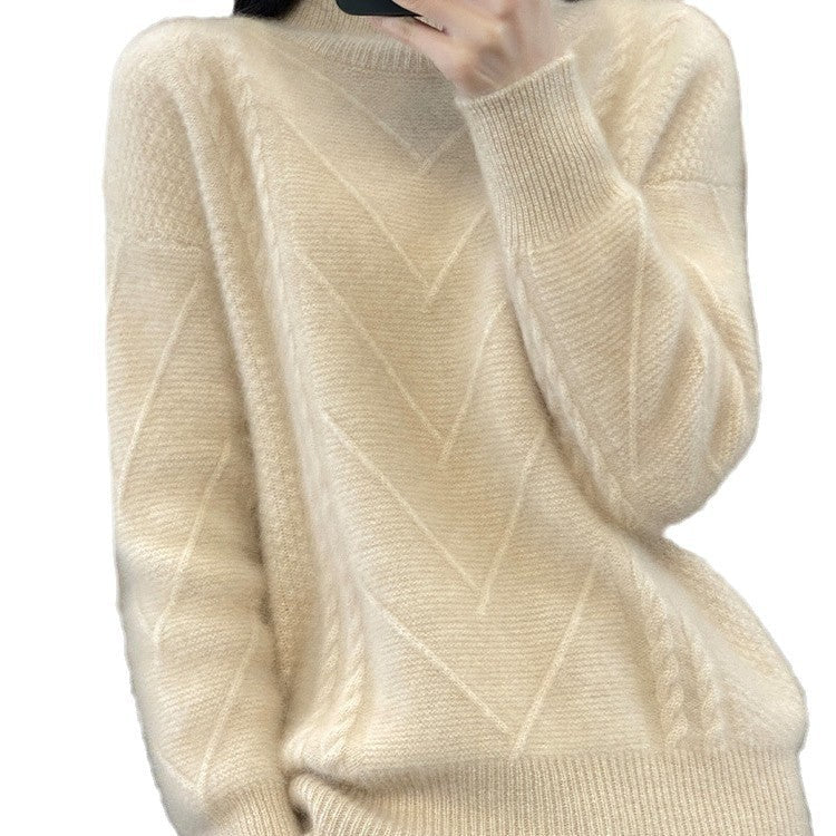 Damen Grobstrickpullover mit innovativem Zopfmuster und hohem Stehkragen R&B