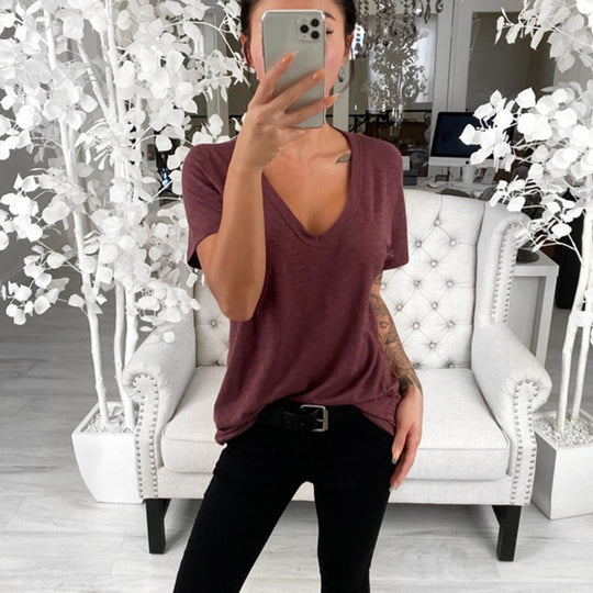 Damen lässiges V-Ausschnitt T-Shirt mit lockerer Passform R&B